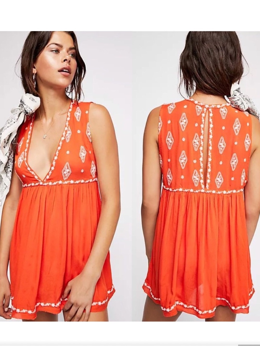 Free People Orange Embroidered Sleeveless V-Neck Tunic